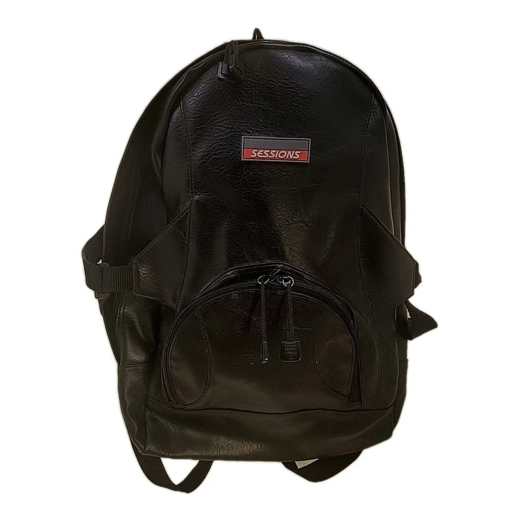 Sessions Y2K Black Faux Leather Backpack School Grunge‎ Goth Emo Daypack skater